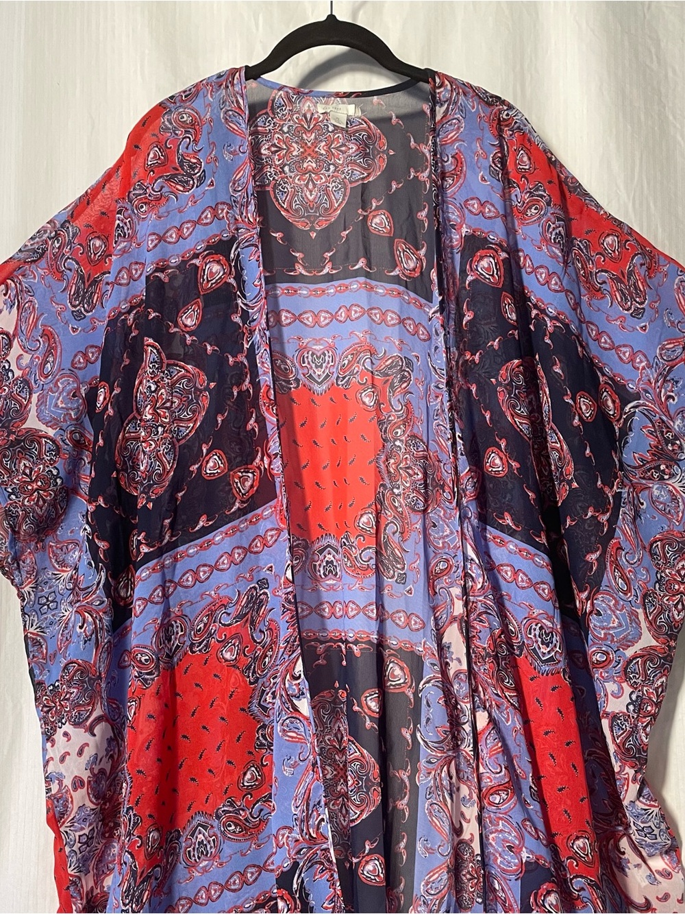 Paisley Print Open-Front Kimono in Red, Lavender, Black